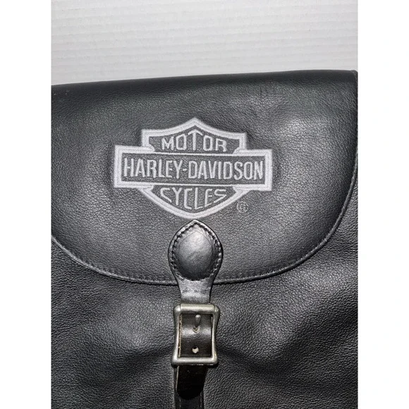 Vintage Harley Davidson Black/White Speckled Leather Backpack/Bar & Shield - Picture 2 of 9